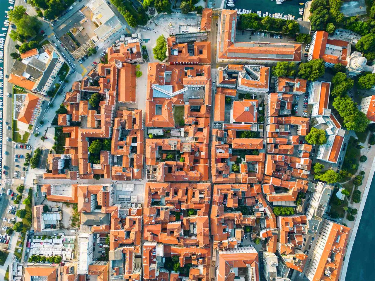 Aerial drone view of Zadar, Croatia. Historical city centre with old buildings and narrow streets